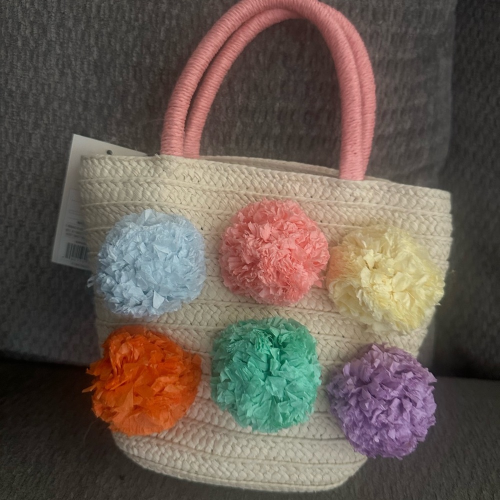 Kids Pom-Pom Straw Tote Bag - Pink Handle, Multicolor Pom-Poms